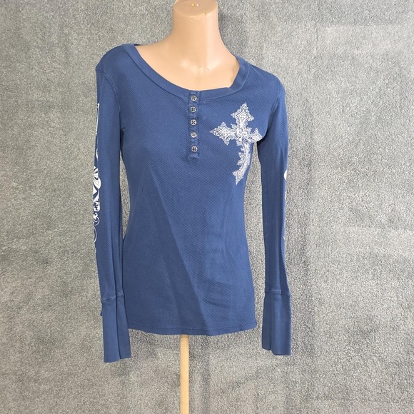 Affliction Shirt Womens Medium Blue Thermal Cross Graphic Henley Grunge Punk - Picture 1 of 8